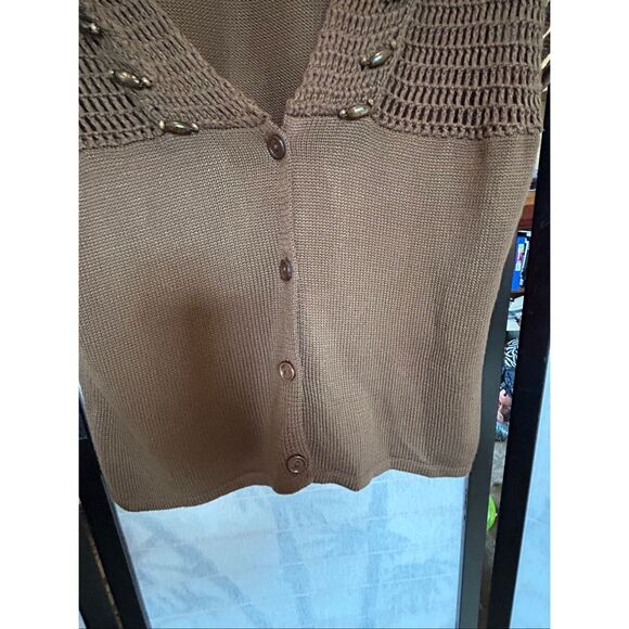 Luciano Dante Brown Knit Beaded Boho Crochet Short Sleeve Button Sweater Top XL - Picture 5 of 10